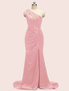 Sexy Mermaid One Shoulder Long Soft Satin Formal Prom Dresses With Slit