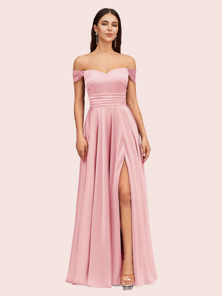 Sexy Off Shoulder Side Slit A-Line Long Soft Satin Bridesmaid Dresses Online