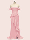 Sexy Off Shoulder Ruffles Long Soft Satin Party Prom Dresses With Slit