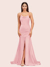 Sexy Backless Mermaid Spaghetti Straps Long Soft Satin Bridesmaid Dresses With Slit