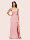 Sexy Spaghetti Straps V-neck Long Mermaid Satin Graduation Prom Dresses With Slit