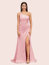 Soft Satin One Shoulder Side Slit Silky Long Mermaid Bridesmaid Dresses Online For Sale