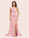 Sexy Side Slit Mermaid One Shoulder Long Soft Satin Evening Prom Dresses Online