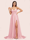Elegant A-line Spaghetti Straps Long Soft Satin Bridesmaid Dresses With Slit