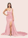 Sexy Mermaid One Shoulder Long Soft Satin Side Slit Bridesmaid Dresses For Sale