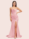 Sexy Backless Mermaid Spaghetti Straps Cowl Long Satin Formal Prom Dresses With Slit