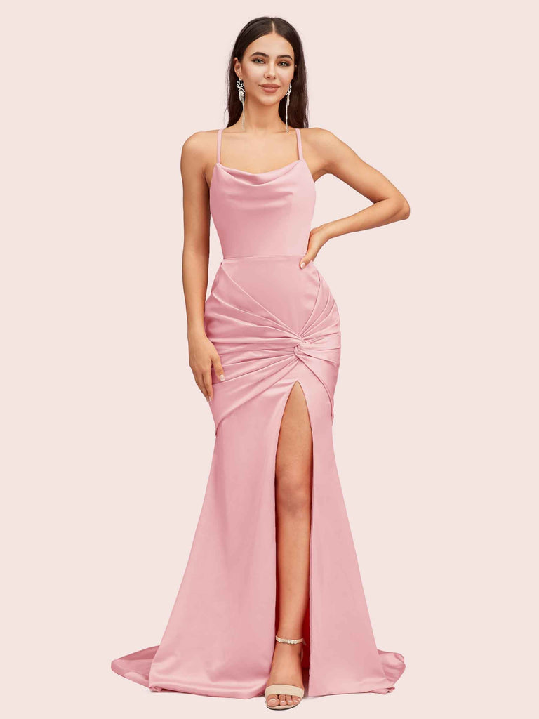 Sexy Backless Mermaid Spaghetti Straps Cowl Long Satin Formal Prom Dresses With Slit