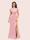 Sexy Open Back Mermaid Short Sleeves Long Silky Satin Formal Prom Dresses Online