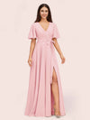 Elegant A-line V-neck Short Sleeves Long Bridesmaid Dresses With Slit