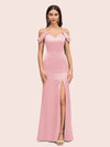Sexy Cold Shoulder V-Neck Side Slit Mermaid Long Soft Satin Bridesmaid Dresses