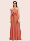 Elegant A-line Halter Sleeveless Long Soft Satin Bridesmaid Dresses Online