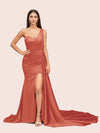 Sexy Mermaid One Shoulder Long Soft Satin Side Slit Bridesmaid Dresses For Sale