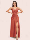 Modern Spaghetti Straps V-neck Side Slit Long Satin Party Prom Dresses With Slit
