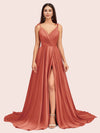 Elegant Spaghetti Straps A-line V-neck Long Soft Satin Side Slit Formal Prom Dresses