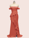 Sexy Off Shoulder Side Slit Long Soft Satin Bridesmaid Dresses With Ruffle