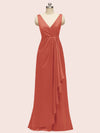Elegant V-neck Floor Length Long Soft Satin Bridesmaid Dresses With Slit