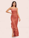 Sexy Unique Mermaid Spaghetti Straps Asymmetrical Soft Satin Formal Prom Dresses