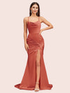 Sexy Backless Mermaid Spaghetti Straps Scoop Long Soft Satin Bridesmaid Dresses With Slit