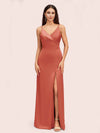 Simple Soft Satin Sexy Spaghetti Straps Long Side Slit Bridesmaid Dresses