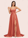 Elegant A-line Spaghetti Straps Long Soft Satin Bridesmaid Dresses With Slit