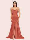 Sexy Backless Mermaid Spaghetti Straps Long Soft Satin Prom Dresses With Slit