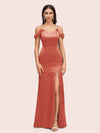 Sexy Cold Shoulder V-Neck Side Slit Mermaid Long Soft Satin Evening Prom Dresses