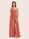 Unique One Shoulder Long Side Slit Soft Satin Graduation Prom Dresses 2023
