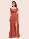 Elegant V-Neck Short Sleeves Long Soft Satin Party Prom Dresses With Slit