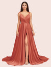 Elegant Spaghetti Straps V-neck Long Soft Satin Side Slit Bridesmaid Dresses