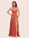 Elegant Halter Open Back Long Side Split Long Soft Satin Formal Prom Dresses