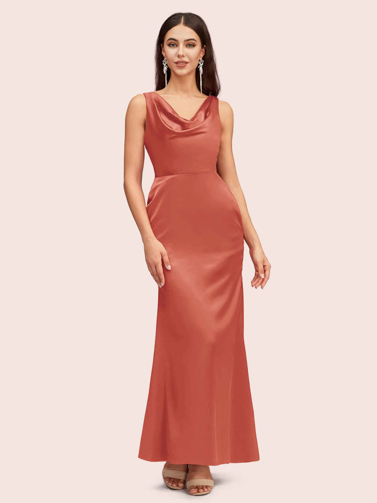 Cetims Elegant Cowl Sleeveless Sheath Floor Length Long Satin Bridesmaid Dresses Terracotta