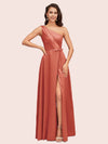 Elegant One Shoulder Side Slit Long Soft Satin Party Prom Dresses 2023