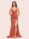 Sexy Mermaid V-neck Side Slit Long Soft Satin Graduation Prom Dresses Online