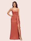 Sexy Spaghetti Straps V-neck Long Mermaid Satin Bridesmaid Dresses With Slit