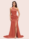 Sexy Mermaid One Shoulder Long Soft Satin Side Slit Bridesmaid Dresses Online