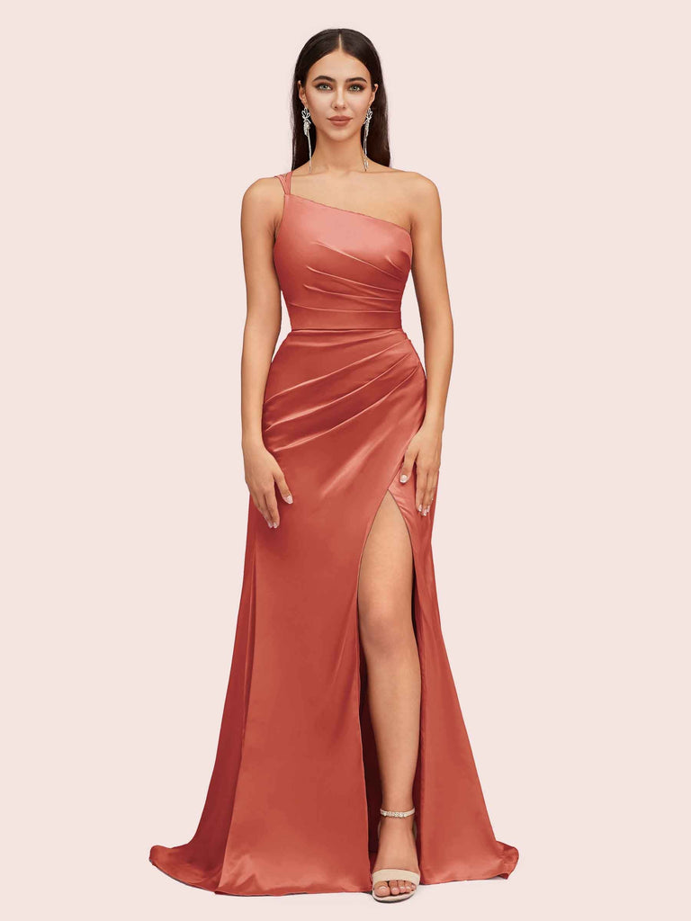Sexy Soft Satin One Shoulder Side Slit Silky Long Mermaid Prom Dresses Online