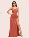 Sexy Spaghetti Straps Mermaid Long Soft Satin Graduation Prom Dresses With Slit
