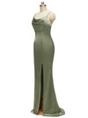 Sexy Cowl Neck Spaghetti Straps Mermaid Long Soft Satin Bridesmaid Dresses With Slit