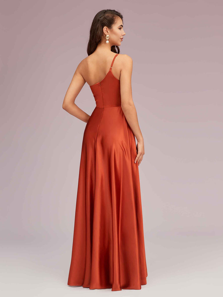 Sexy One Shoulder A-Line Long Soft Satin Bridesmaid Dresses With Pleats