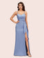 Sexy Spaghetti Straps V-neck Long Mermaid Satin Graduation Prom Dresses With Slit