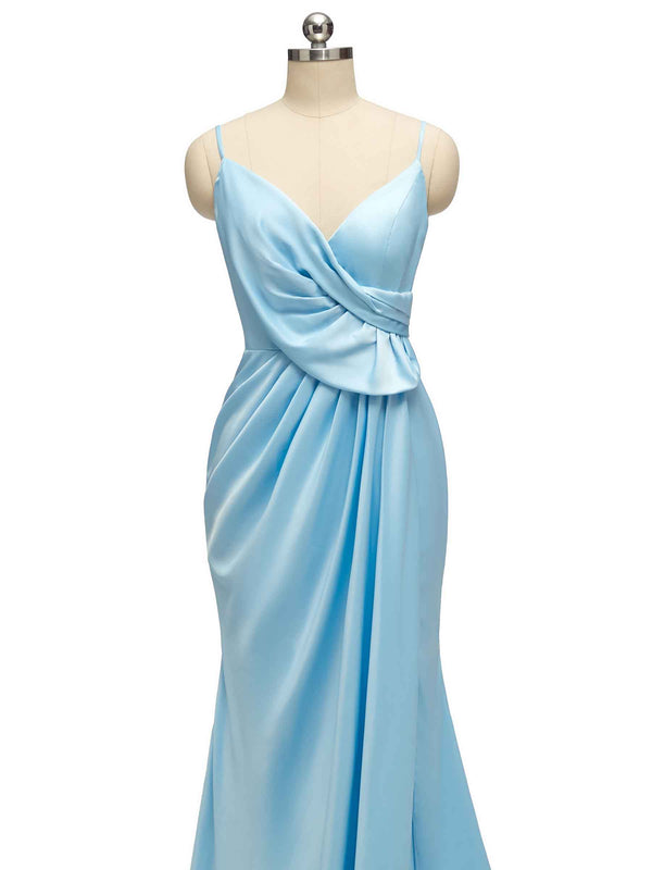 Sexy Spaghetti Straps V-Neck Side Slit Long Satin Mermaid Bridesmaid Dresses Online
