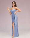 Sexy Spaghetti Straps V-neck Long Mermaid Satin Bridesmaid Dresses With Slit