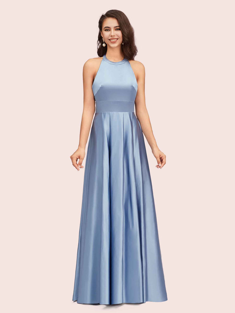 Sexy Backless Halter Simple Long Satin Graduation Prom Dresses With Bow