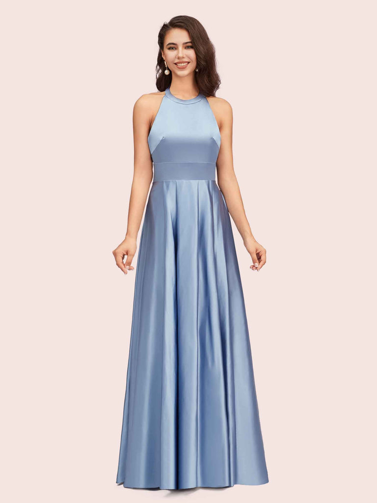 Sexy Backless Halter Simple Long Satin Graduation Prom Dresses With Bow Sexy Backless Halter Simple Long Satin Graduation Prom Dresses With Bow