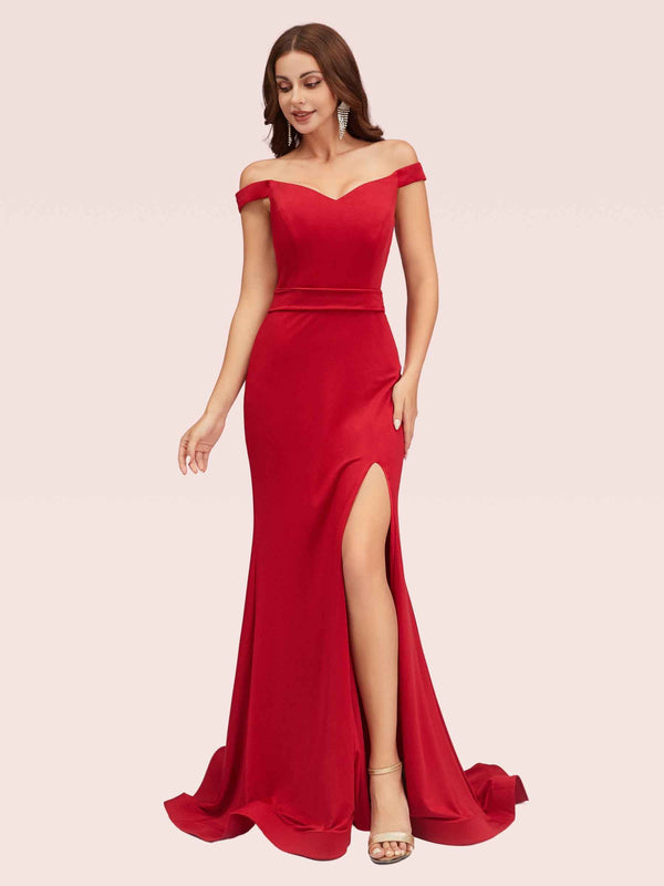 Sexy Off Shoulder Side Slit Stretchy Jersey Long Mermaid Evening Prom Dresses Online