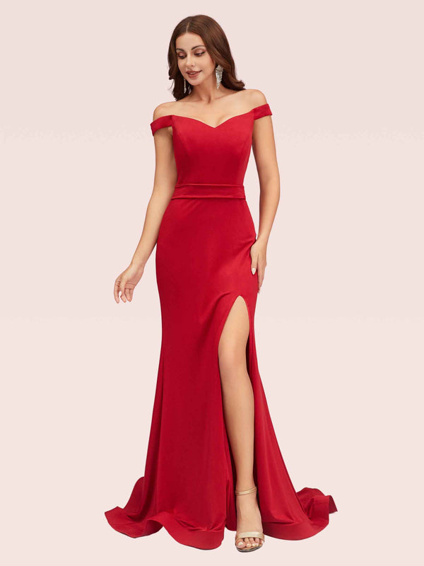 Sexy Off Shoulder Side Slit Stretchy Jersey Long Mermaid Bridesmaid Dresses Online