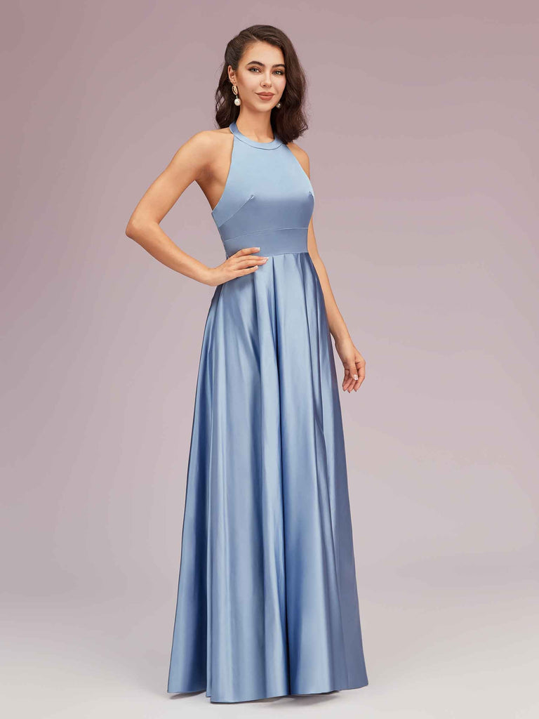 Sexy Backless Halter Simple Long Satin Graduation Prom Dresses With Bow Sexy Backless Halter Simple Long Satin Graduation Prom Dresses With Bow