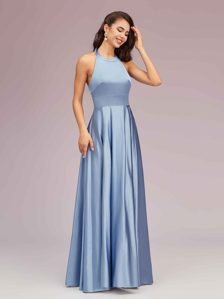 Sexy Backless Halter Simple Long Satin Graduation Prom Dresses With Bow Sexy Backless Halter Simple Long Satin Graduation Prom Dresses With Bow