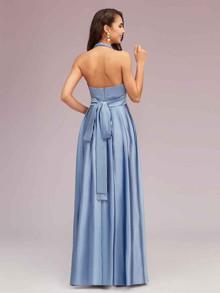 Sexy Backless Halter Simple Long Satin Graduation Prom Dresses With Bow