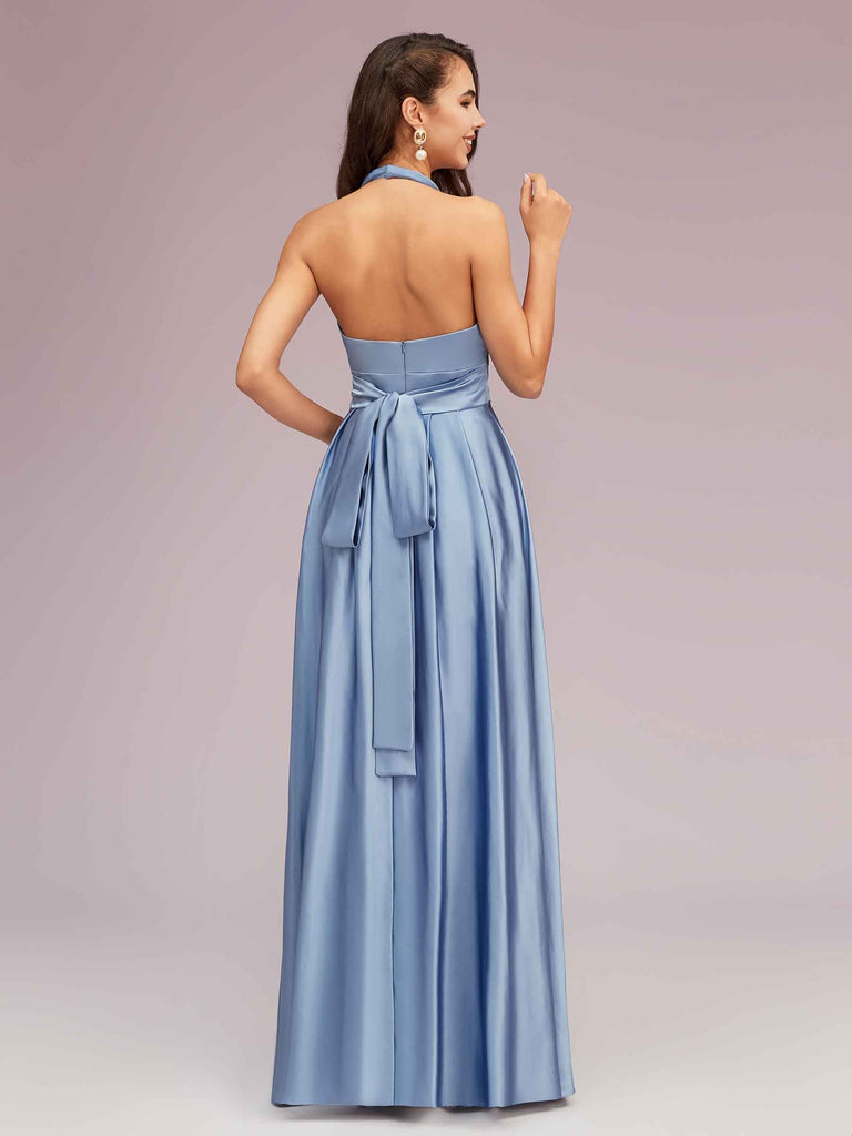 Sexy Backless Halter Simple Long Satin Graduation Prom Dresses With Bow Sexy Backless Halter Simple Long Satin Graduation Prom Dresses With Bow